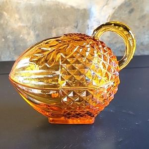 Vintage amber glass Acorn covered dish